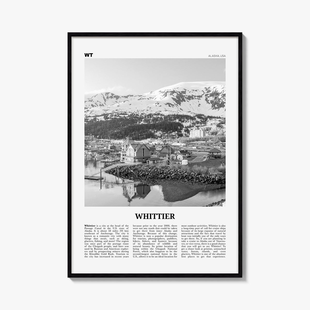 Whittier, Alaska black & white newspaper poster of Alaska, USA – vertical wall art, unframed print shown in interior mockup