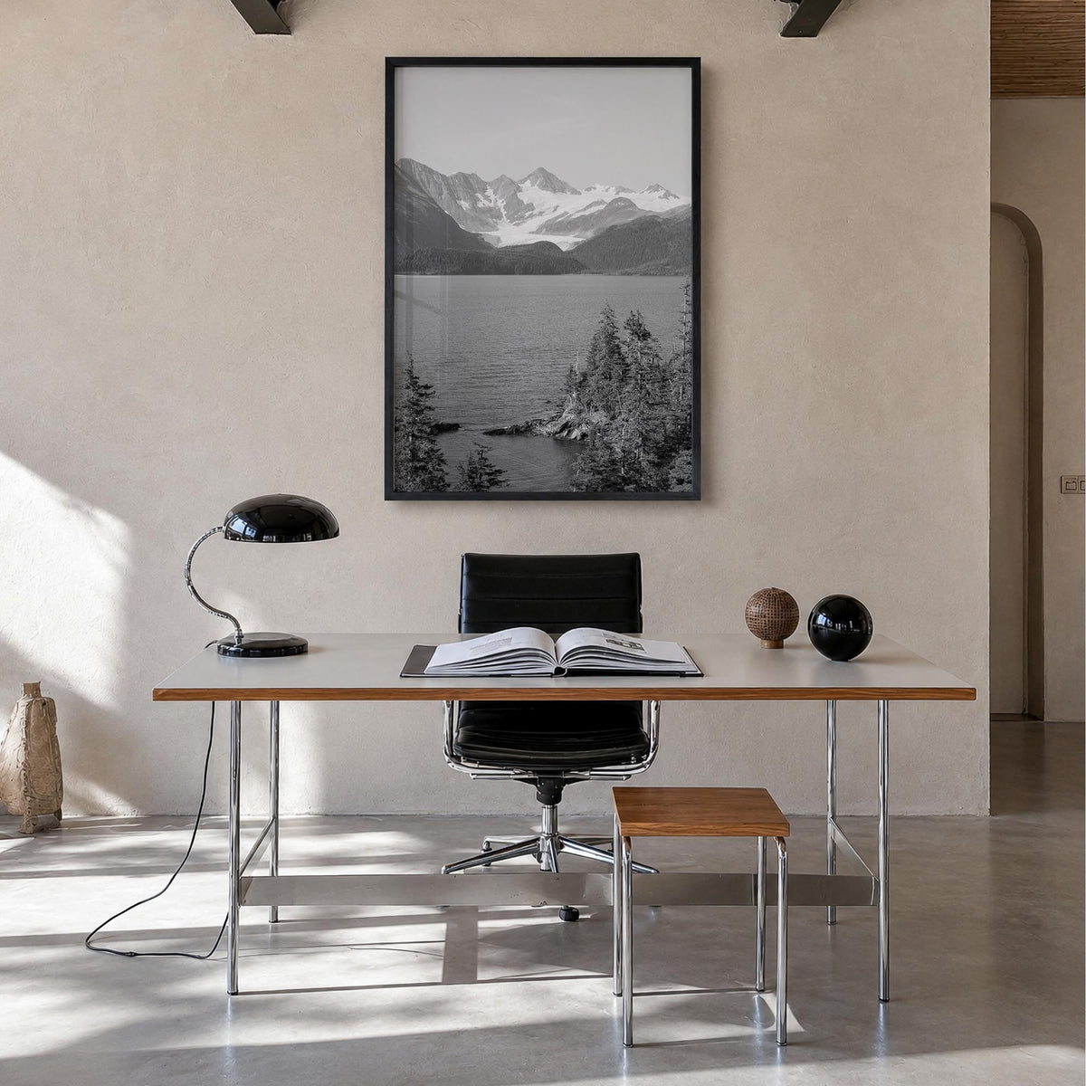 Whittier, Alaska black & white photo poster of Alaska, USA – vertical wall art in black wood frame, hanging on wall