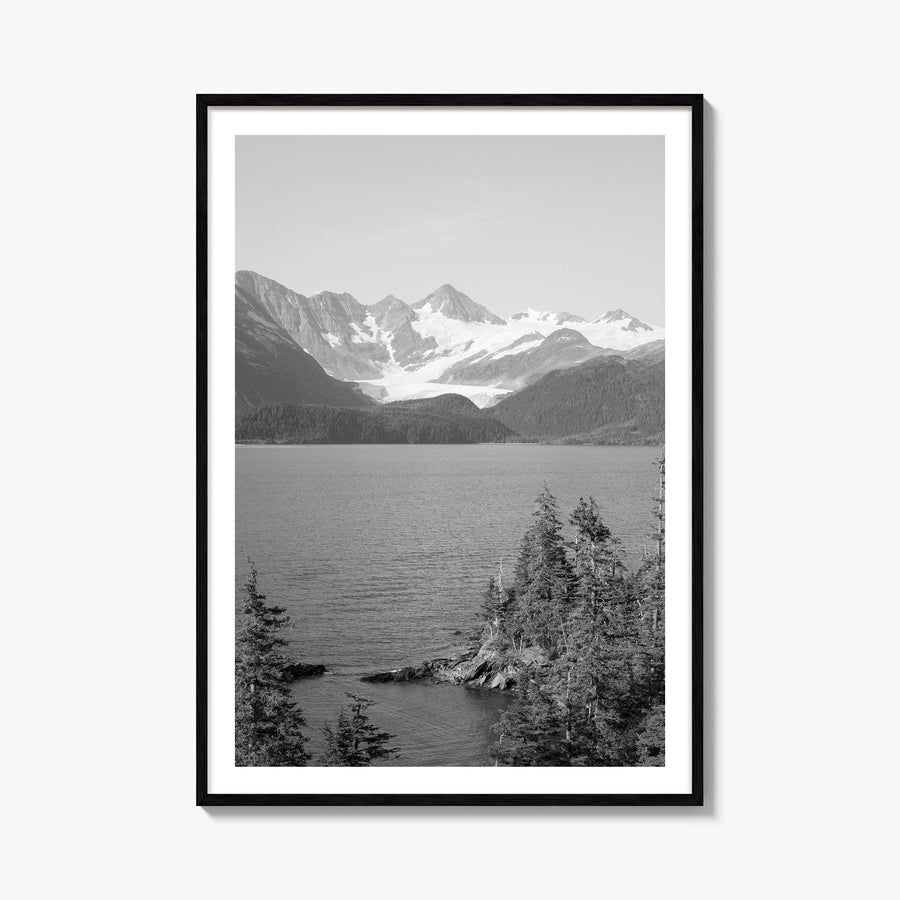 Whittier, Alaska black & white photo poster of Alaska, USA – vertical wall art, unframed print shown in interior mockup