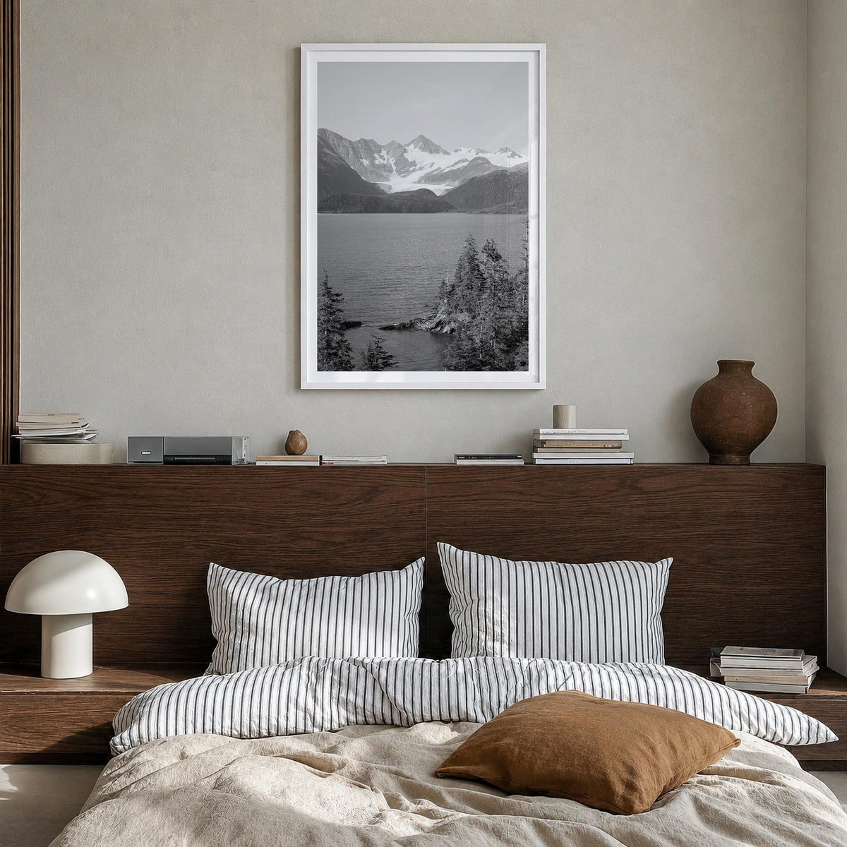 Whittier, Alaska black & white photo poster of Alaska, USA – vertical wall art in white wood frame with white border, hanging