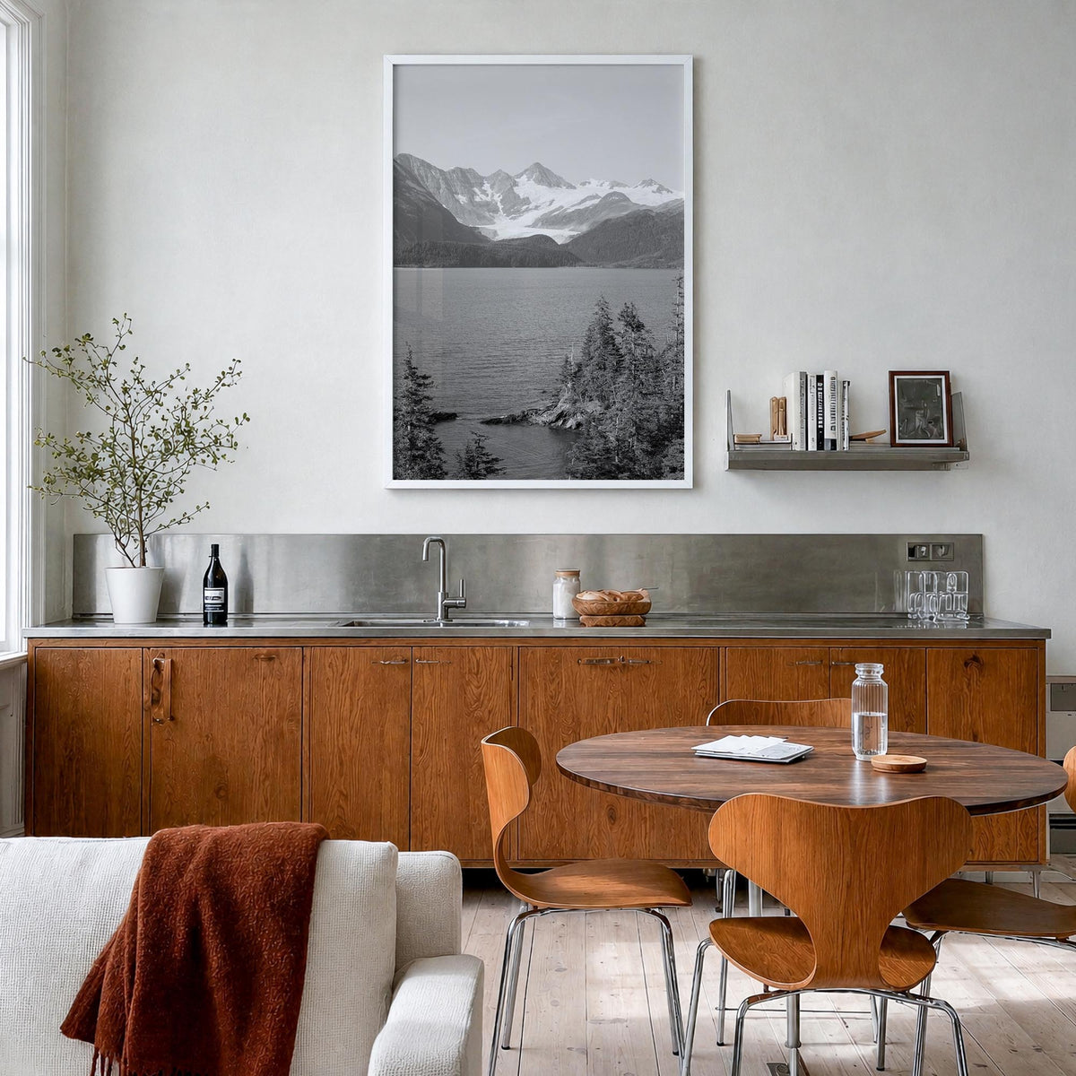 Whittier, Alaska black & white photo poster of Alaska, USA – vertical wall art in white wood frame, hanging on wall