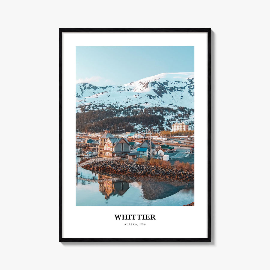 Whittier, Alaska colorful classic poster of Alaska, USA – vertical wall art, unframed print shown in interior mockup
