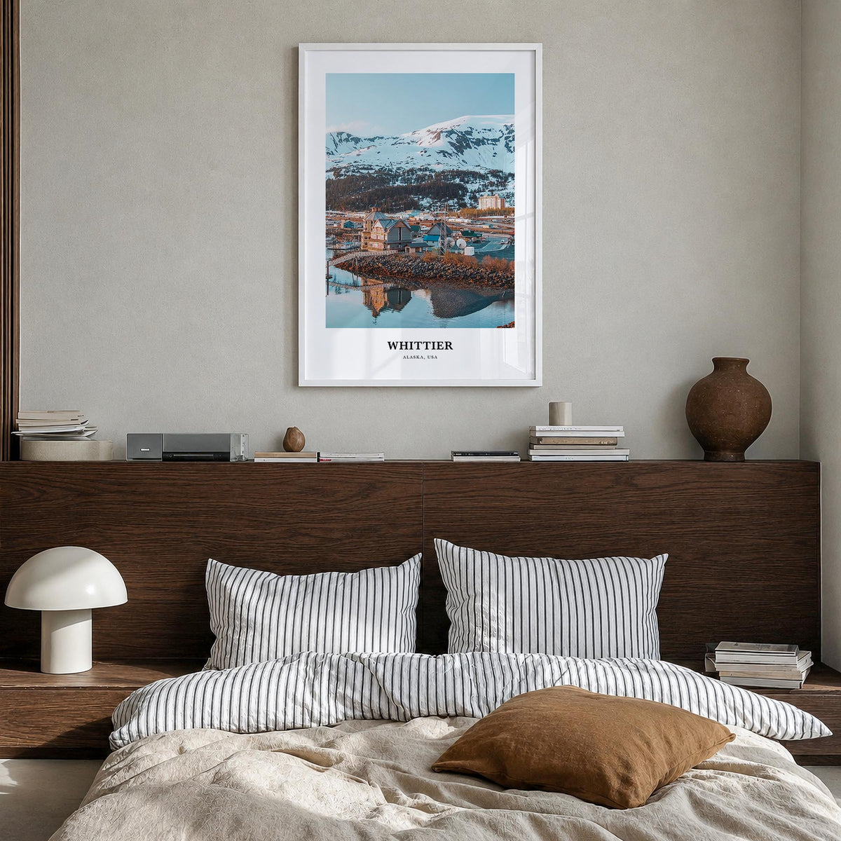 Whittier, Alaska colorful classic poster of Alaska, USA – vertical wall art in white wood frame, hanging on wall