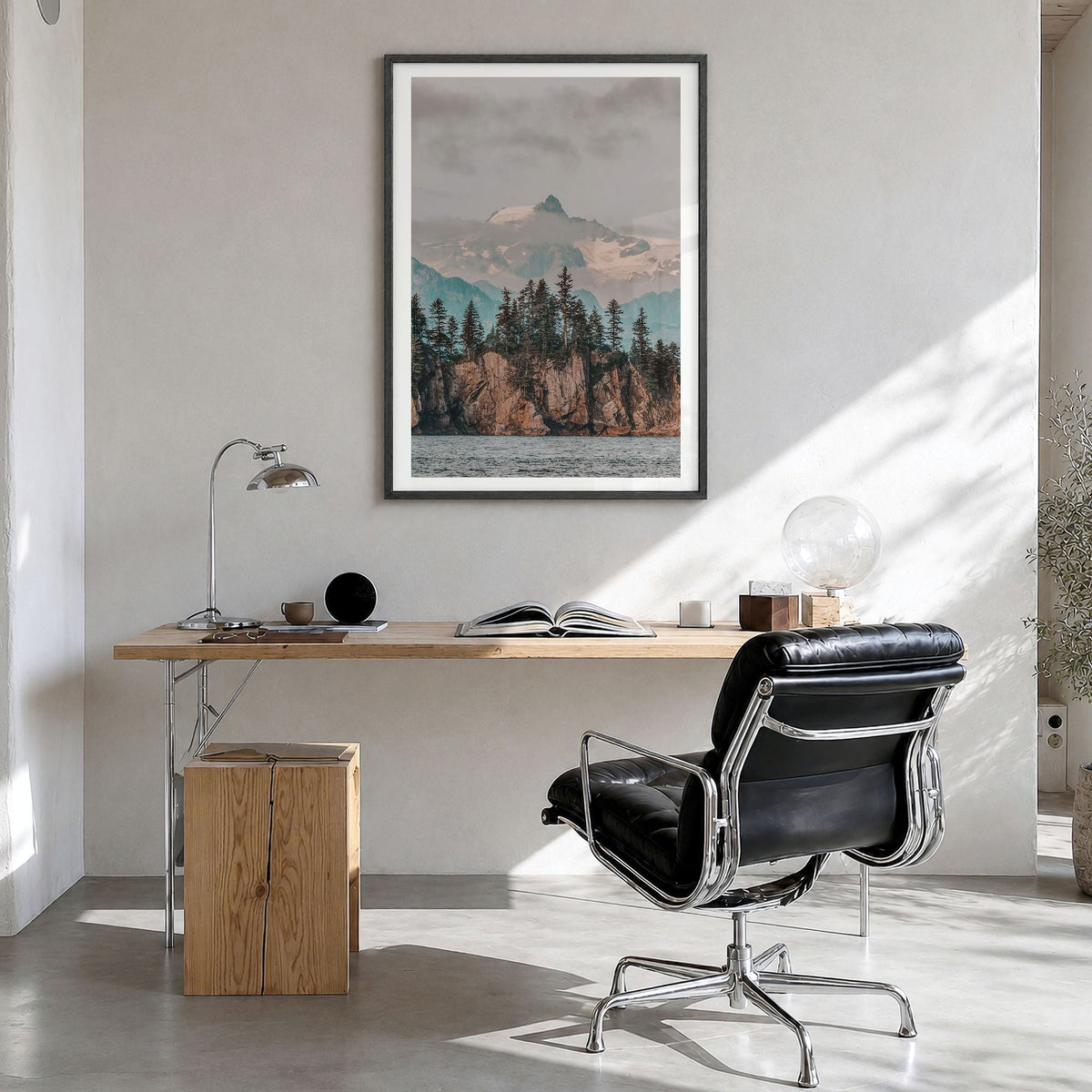 Whittier, Alaska Photo Poster in a black wood frame, hanging in a bright home office, white border