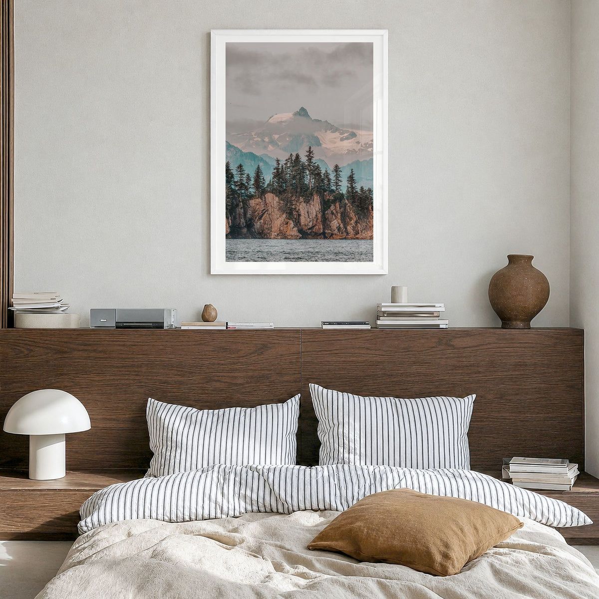 Whittier, Alaska Photo Poster in a white wood frame, hanging in a bedroom, white border