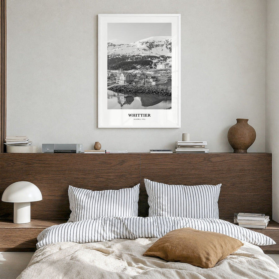 Whittier, Alaska Classic Poster in a white wood frame, hanging in a bedroom