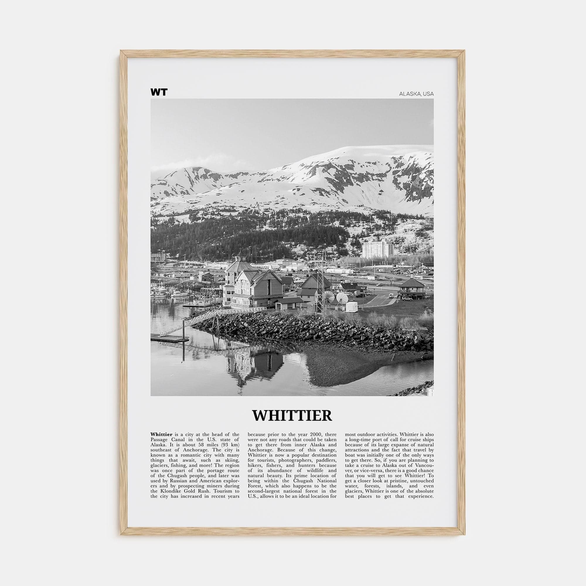 Whittier, Alaska Poster Natural Wood / 8x12 in Nbourhood Travel B&W Poster