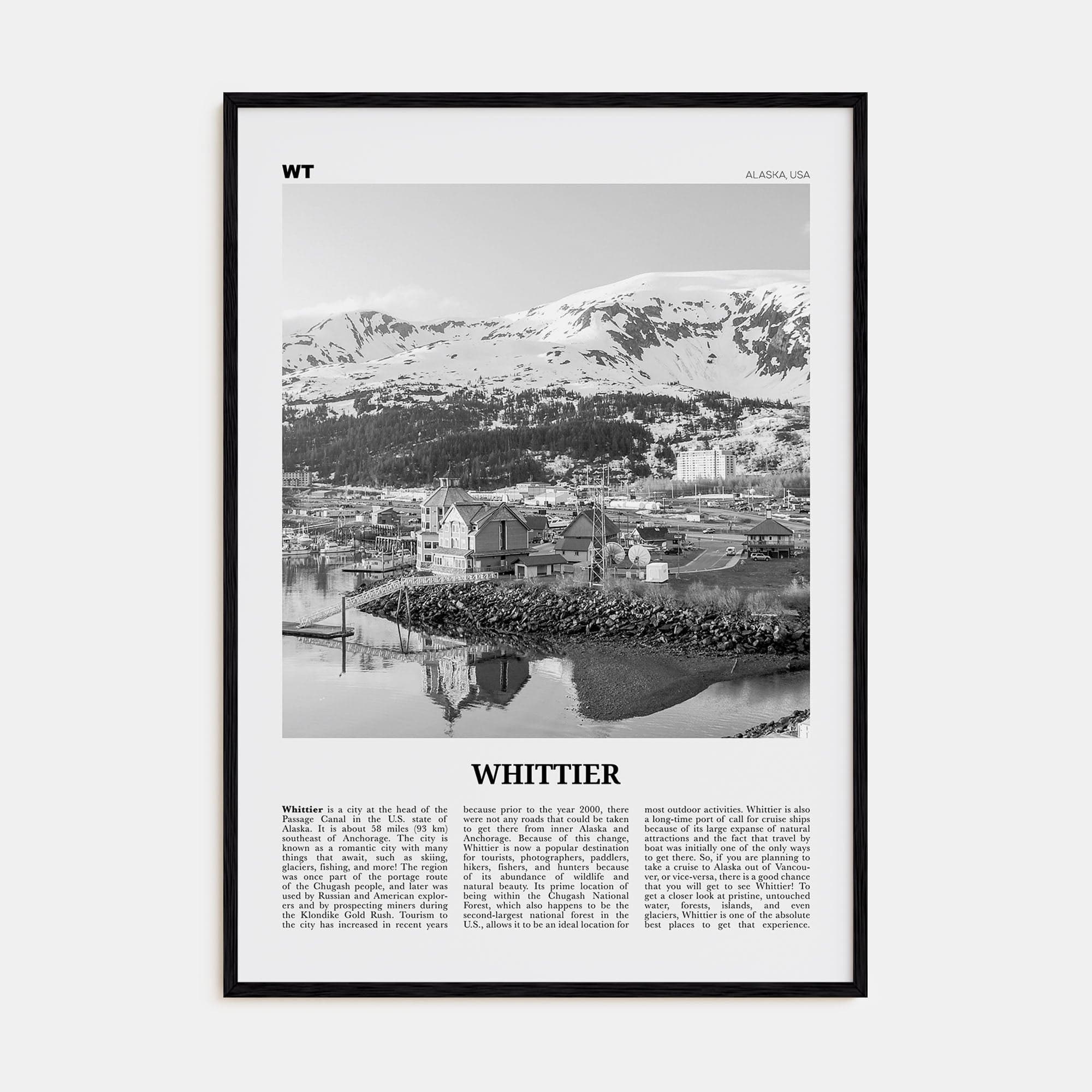 Whittier, Alaska Poster Black Wood / 8x12 in Nbourhood Travel B&W Poster