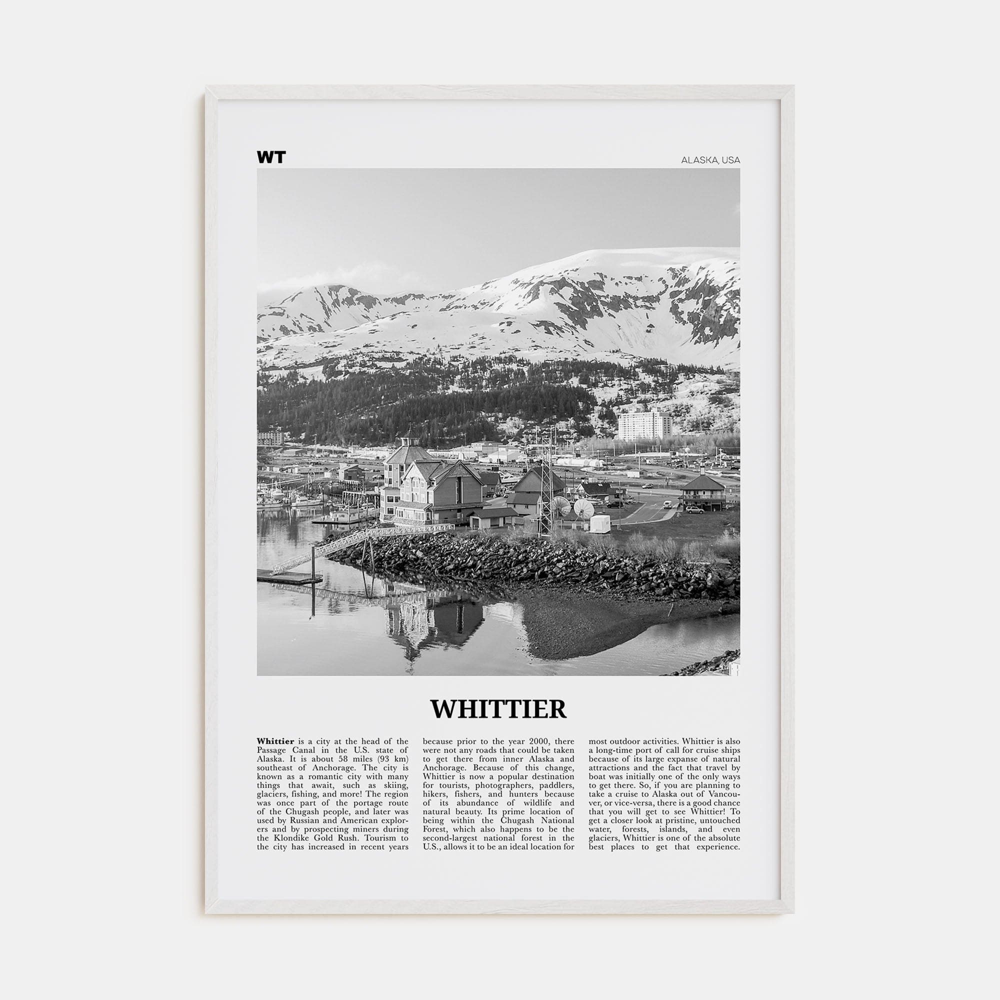 Whittier, Alaska Poster White Wood / 8x12 in Nbourhood Travel B&W Poster