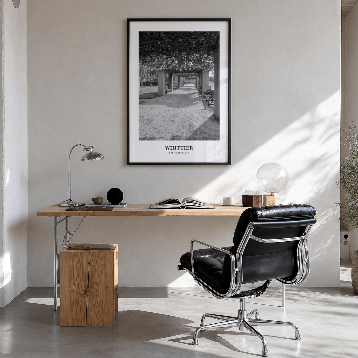 Whittier, California black & white classic poster of California, USA – vertical wall art in black wood frame, hanging on wall