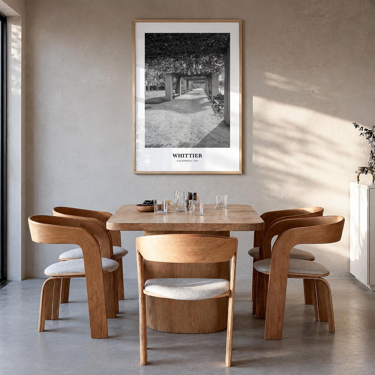 Whittier, California black & white classic poster of California, USA – vertical wall art in natural wood frame, hanging on wa