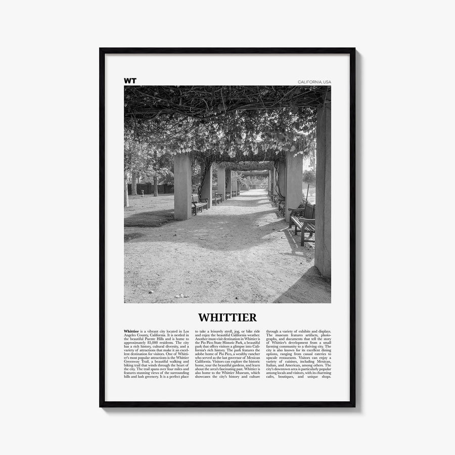 Whittier, California black & white newspaper poster of California, USA – vertical wall art, unframed print shown in interior 