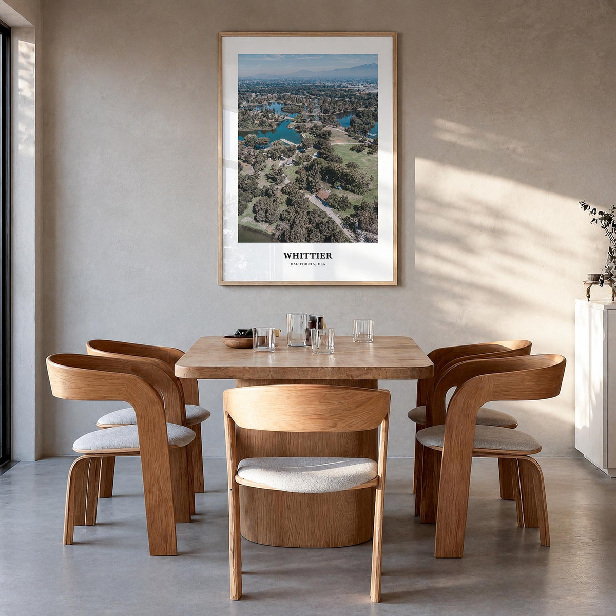 Whittier, California colorful classic poster of California, USA – vertical wall art in natural wood frame, hanging on wall