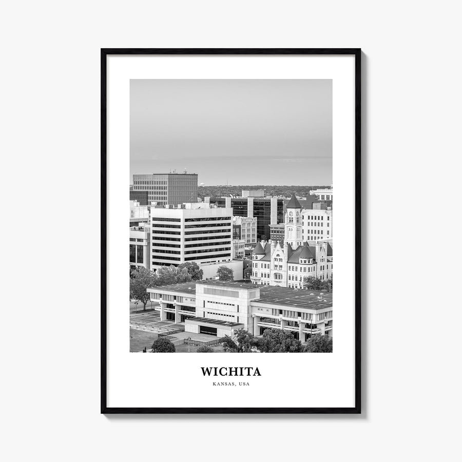 Wichita black & white classic poster of Kansas, USA – vertical wall art, unframed print shown in interior mockup