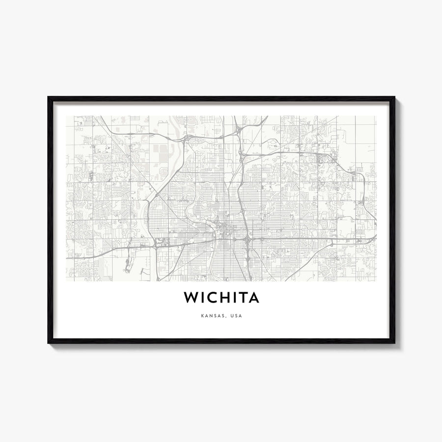 Wichita black & white map poster of Kansas, USA – horizontal wall art, unframed print shown in interior mockup
