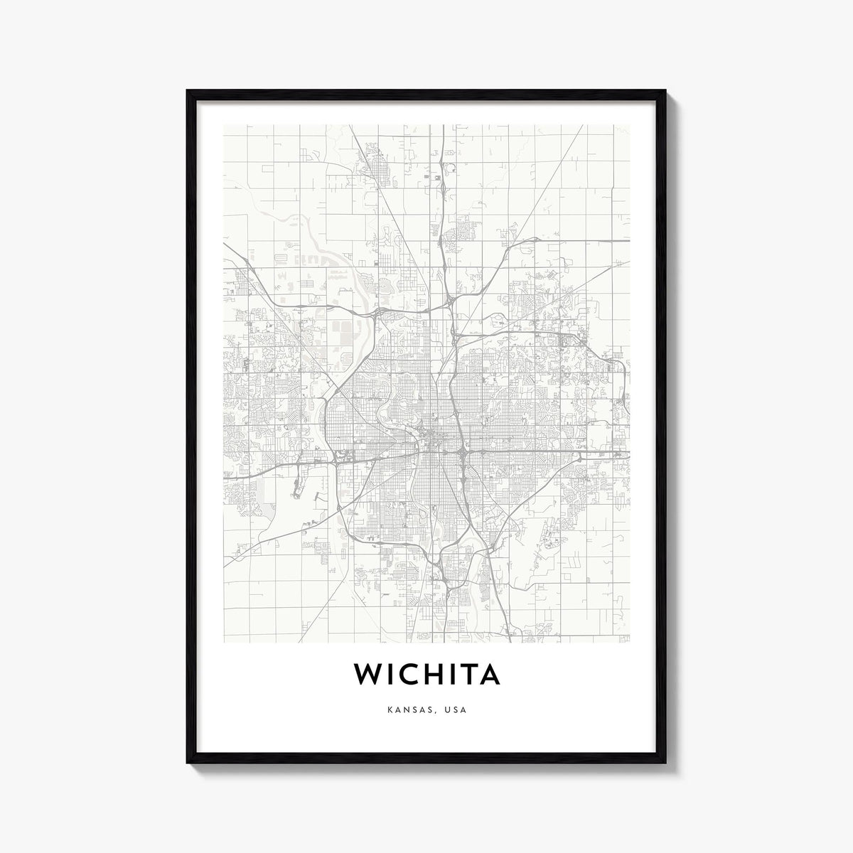 Wichita black & white map poster of Kansas, USA – vertical wall art, unframed print shown in interior mockup