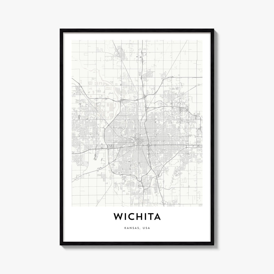 Wichita black & white map poster of Kansas, USA – vertical wall art, unframed print shown in interior mockup