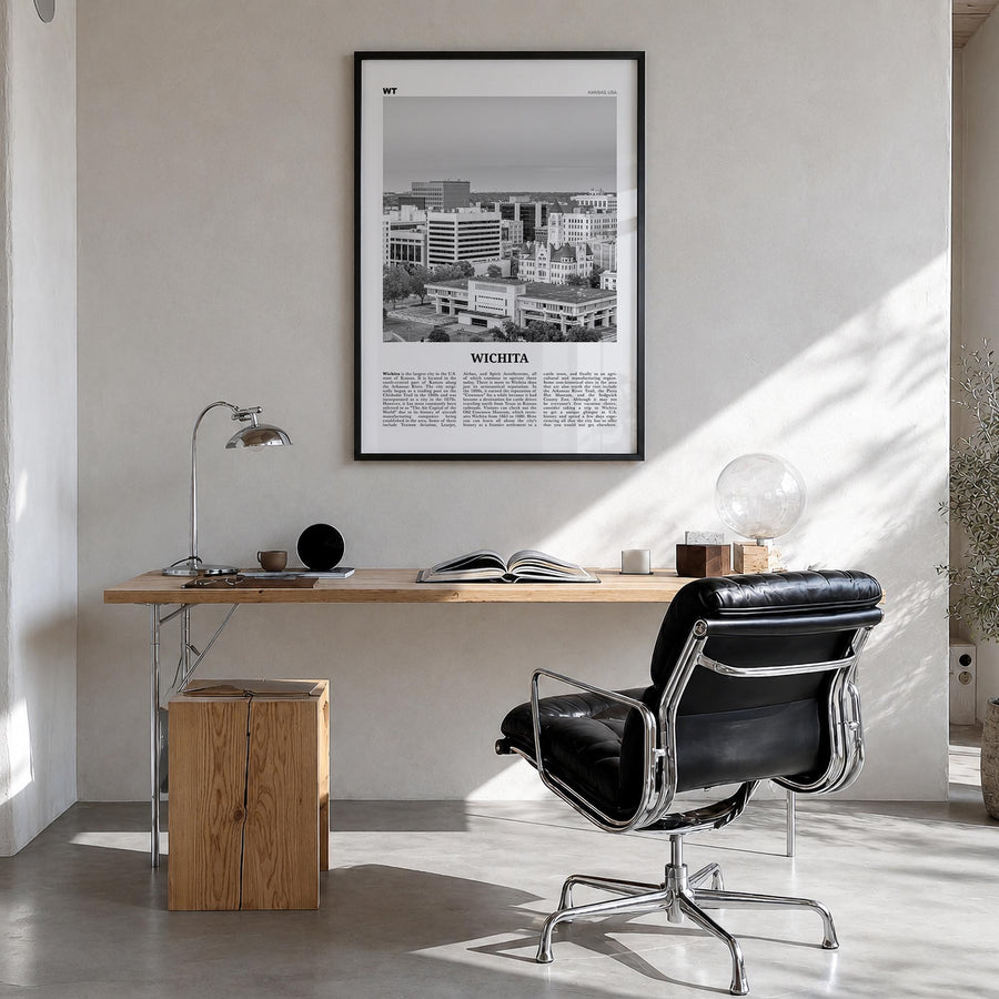 Wichita black & white newspaper poster of Kansas, USA – vertical wall art in black wood frame, hanging on wall