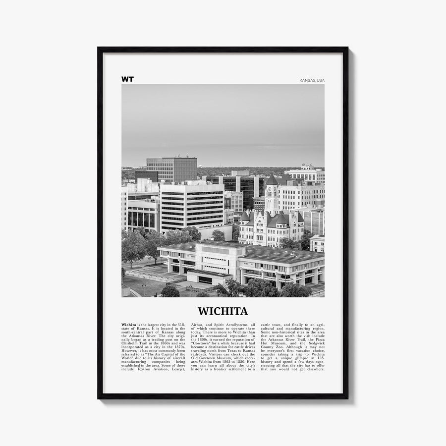 Wichita black & white newspaper poster of Kansas, USA – vertical wall art, unframed print shown in interior mockup