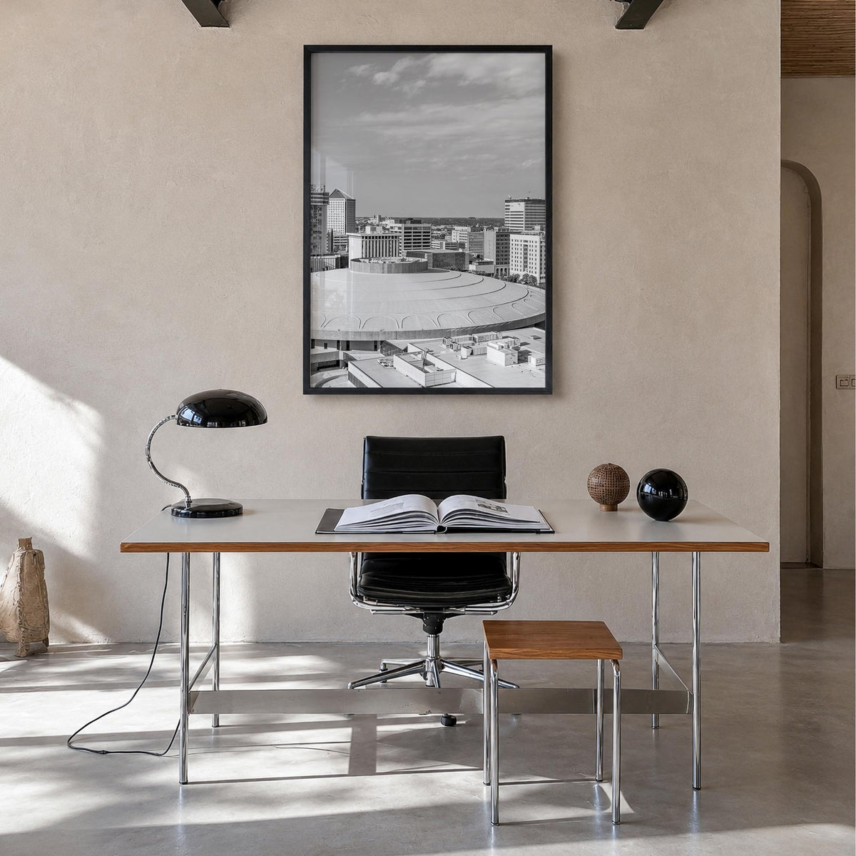 Wichita black & white photo poster of Kansas, USA – vertical wall art in black wood frame, hanging on wall