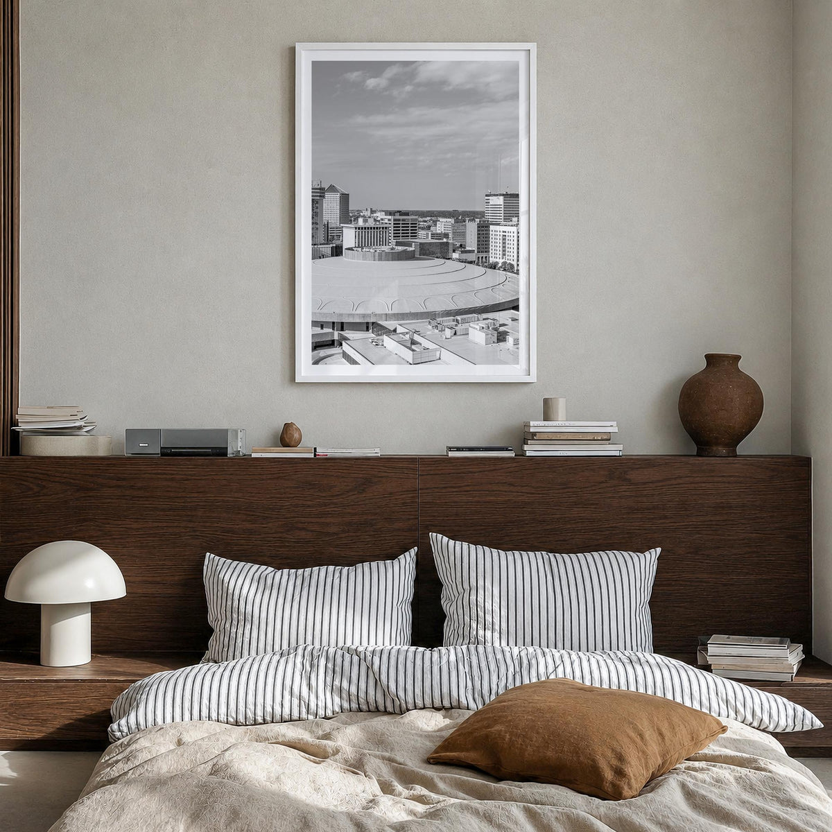 Wichita black & white photo poster of Kansas, USA – vertical wall art in white wood frame with white border, hanging on wall