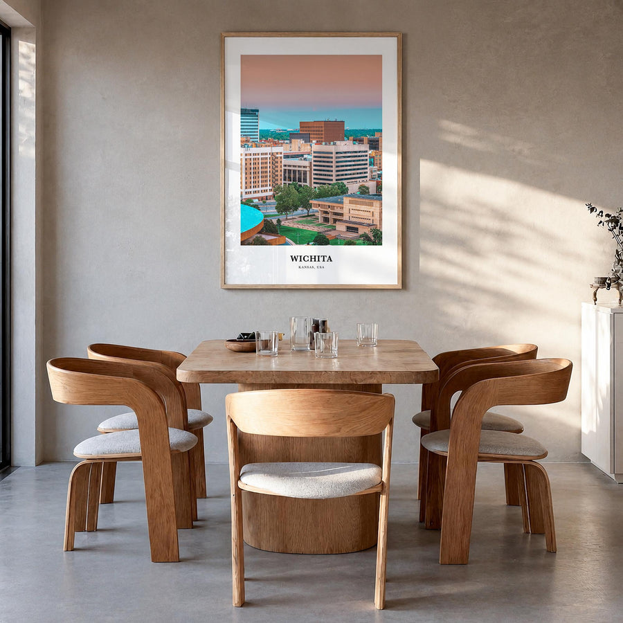 Wichita colorful classic poster of Kansas, USA – vertical wall art in natural wood frame, hanging on wall