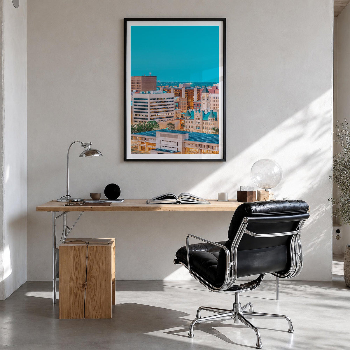 Wichita colorful photo poster of Kansas, USA – vertical wall art in black wood frame with white border, hanging on wall