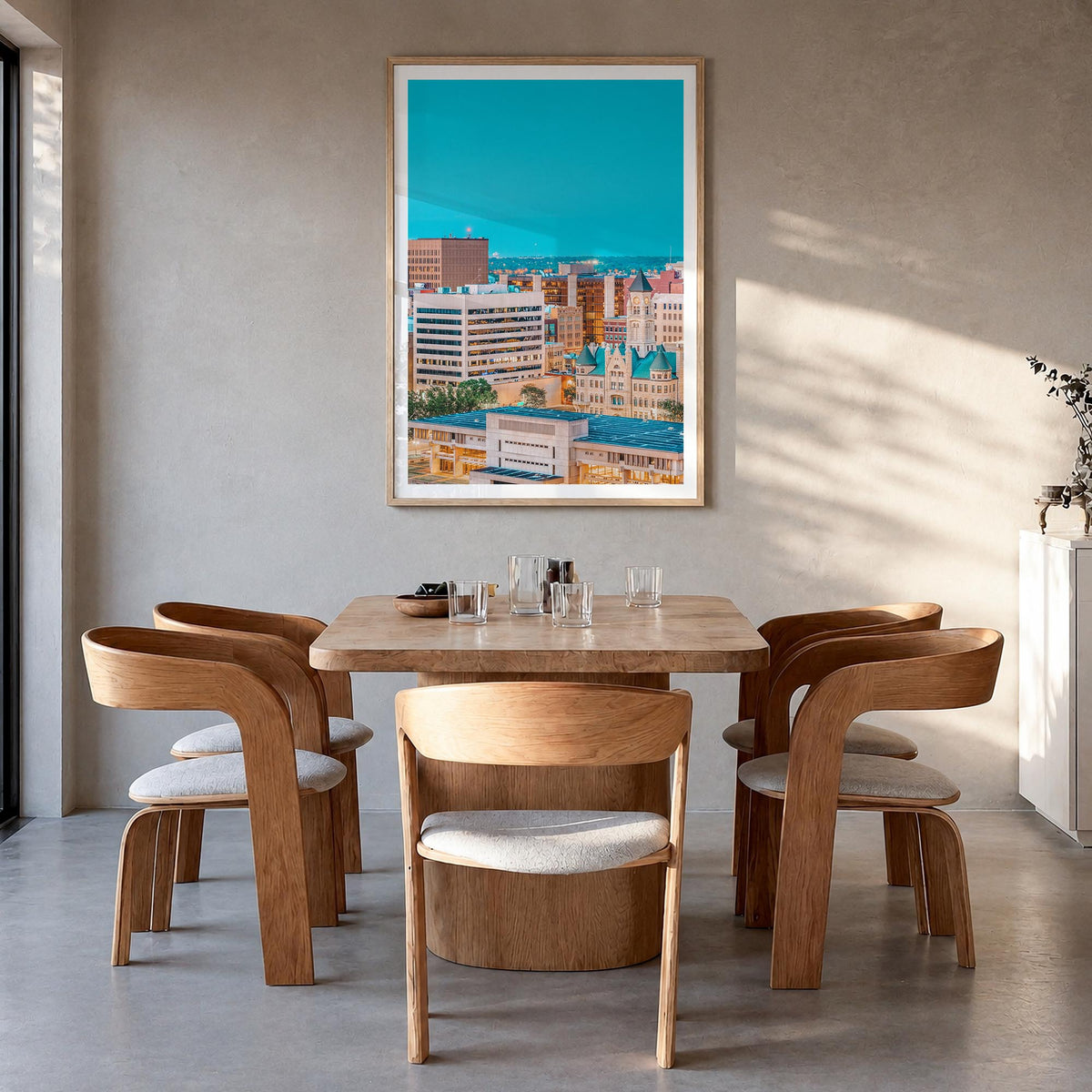Wichita colorful photo poster of Kansas, USA – vertical wall art in natural wood frame with white border, hanging on wall
