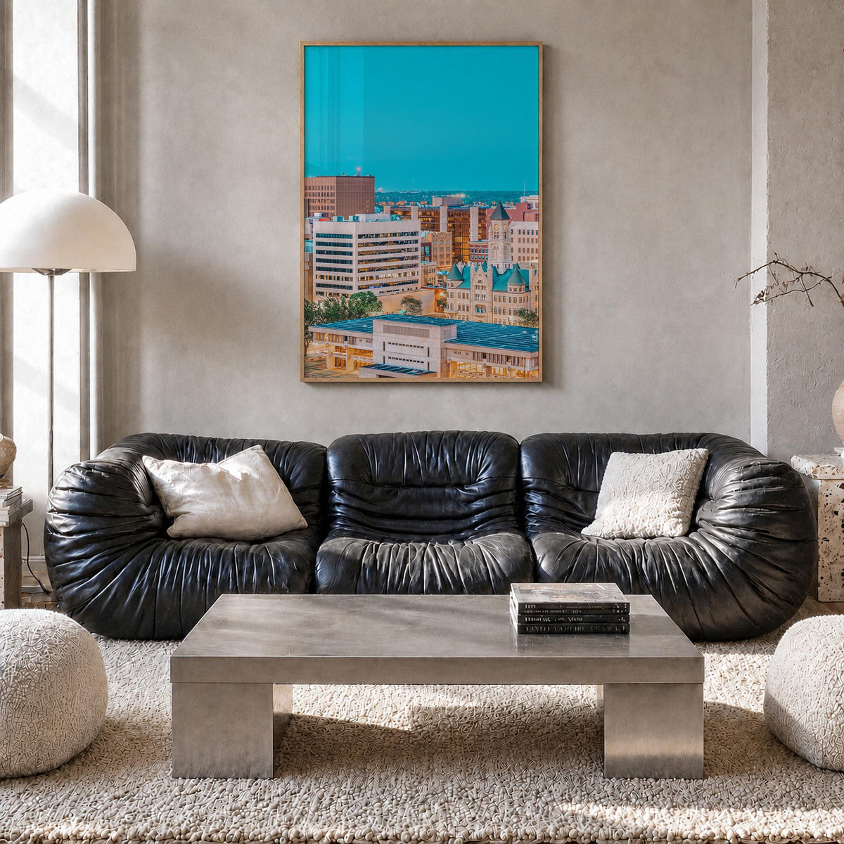 Wichita colorful photo poster of Kansas, USA – vertical wall art in natural wood frame, hanging on wall