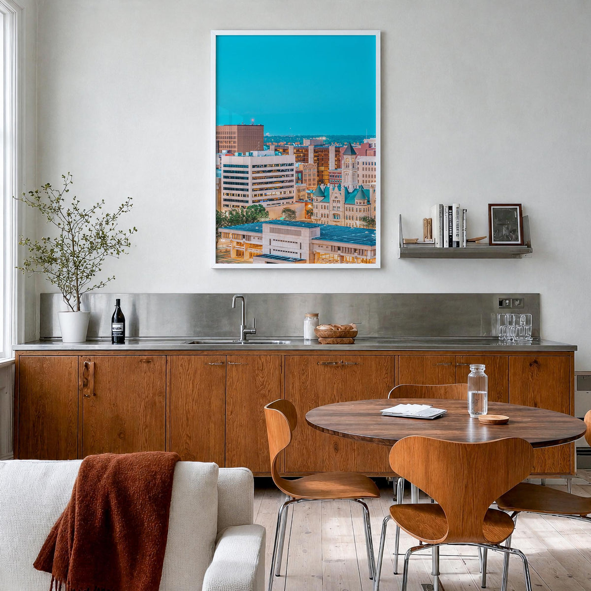 Wichita colorful photo poster of Kansas, USA – vertical wall art in white wood frame, hanging on wall