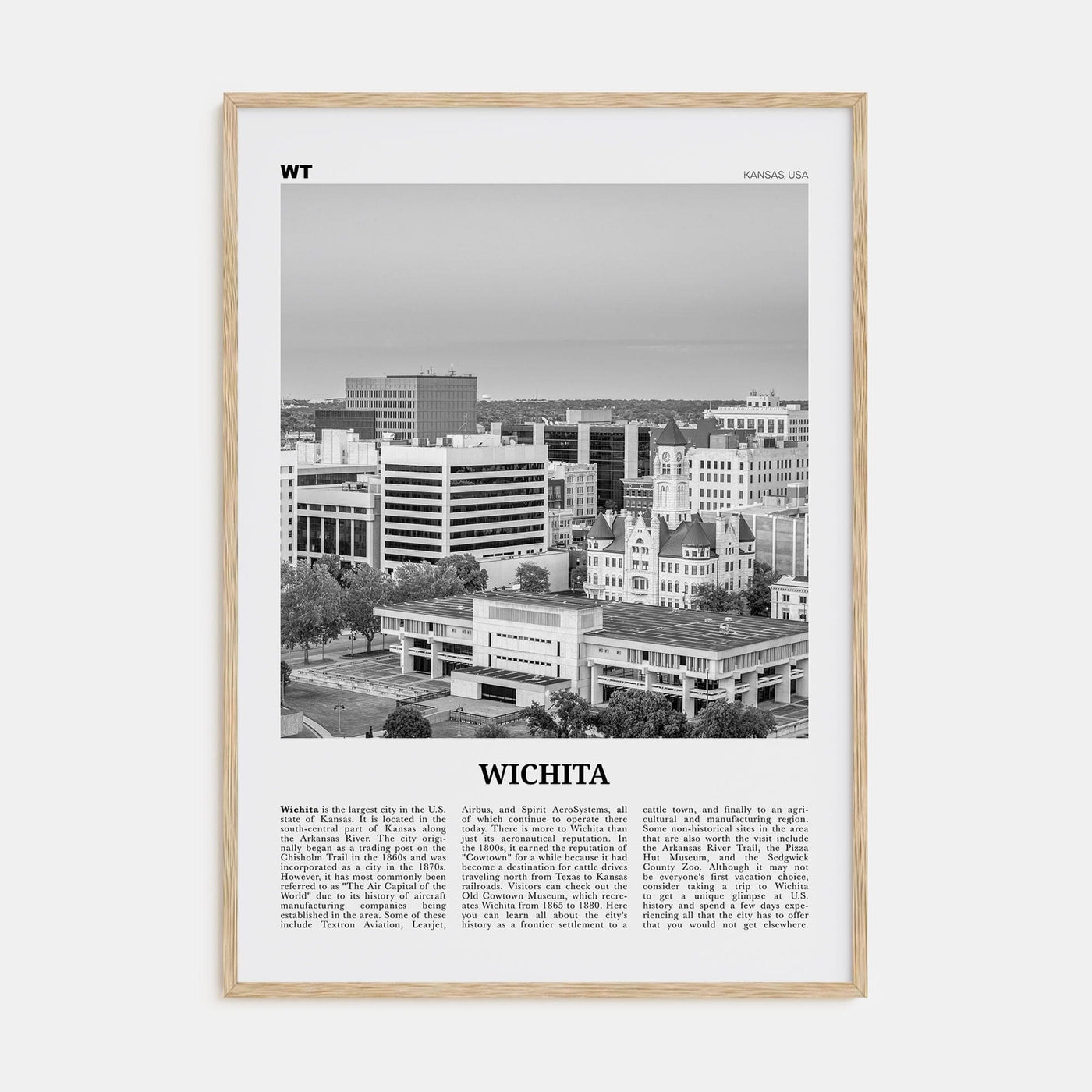 Wichita Poster Natural Wood / 8x12 in Nbourhood Travel B&W Poster