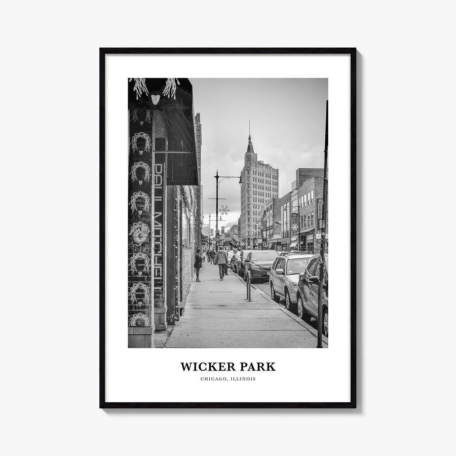 Wicker Park black & white classic poster of Chicago, Illinois – vertical wall art, unframed print shown in interior mockup