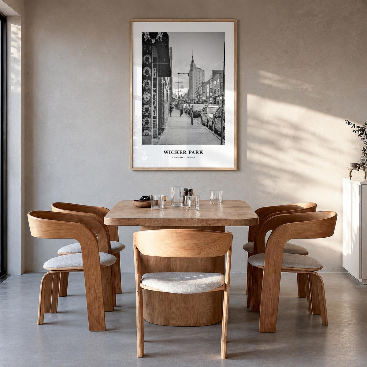 Wicker Park black & white classic poster of Chicago, Illinois – vertical wall art in natural wood frame, hanging on wall