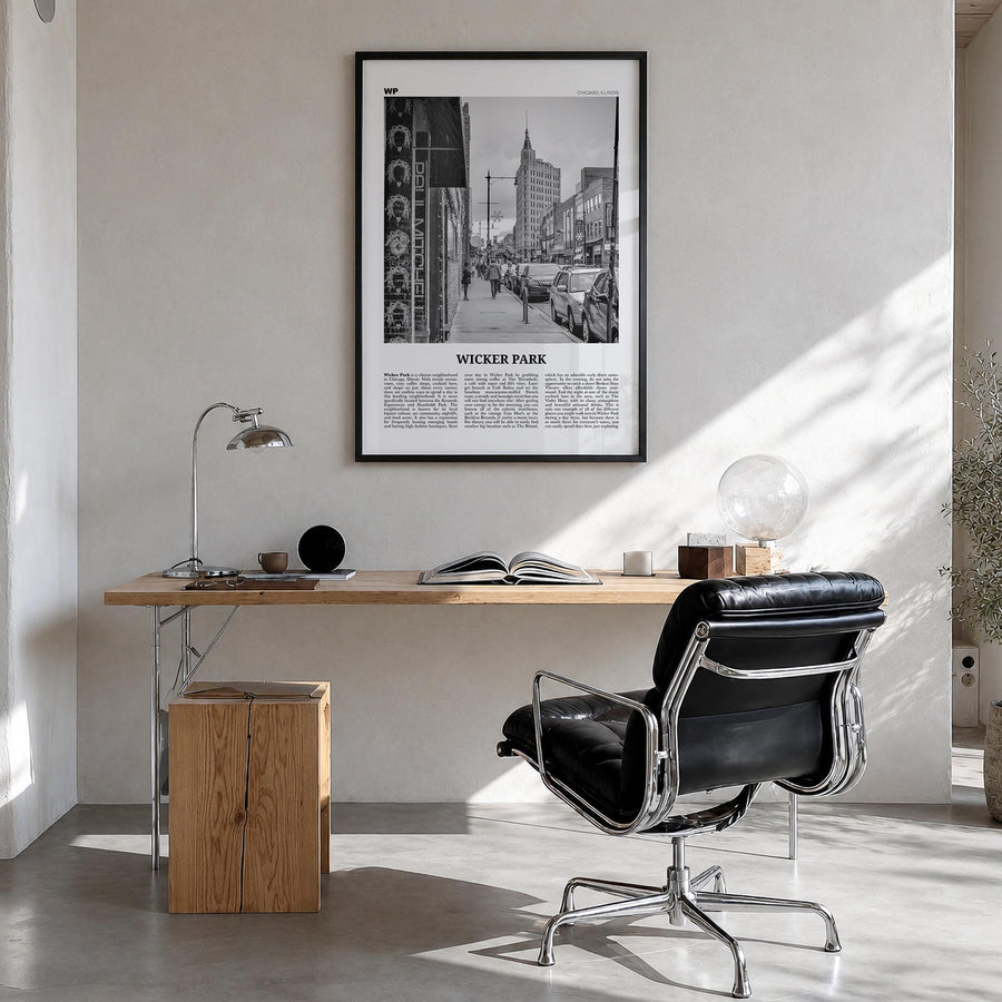 Wicker Park black & white newspaper poster of Chicago, Illinois – vertical wall art in black wood frame, hanging on wall