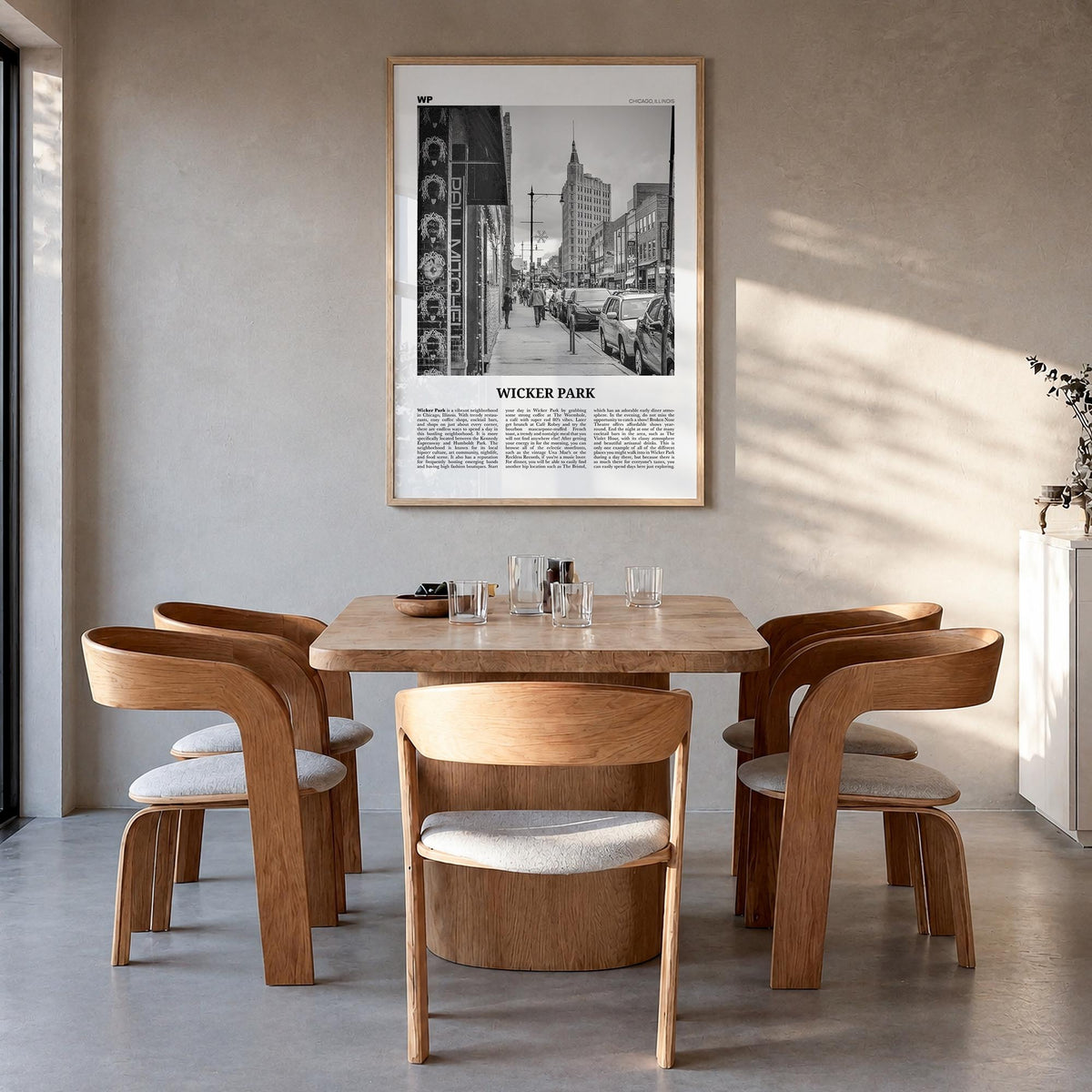 Wicker Park black & white newspaper poster of Chicago, Illinois – vertical wall art in natural wood frame, hanging on wall