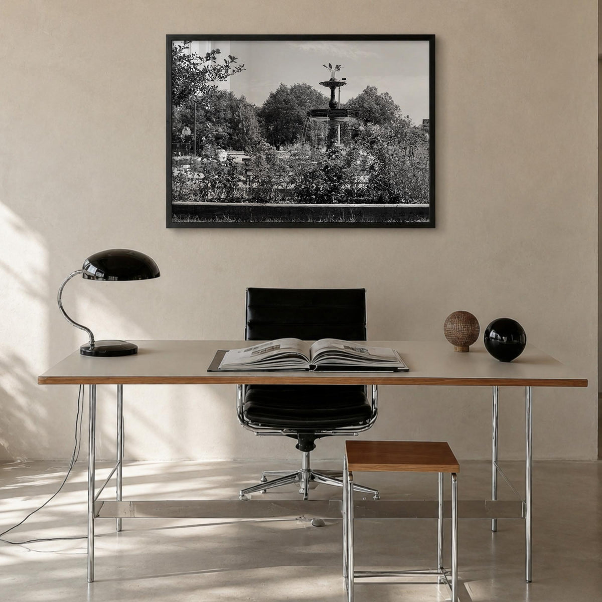Wicker Park black & white photo poster of Chicago, Illinois – horizontal wall art in black wood frame, hanging on wall