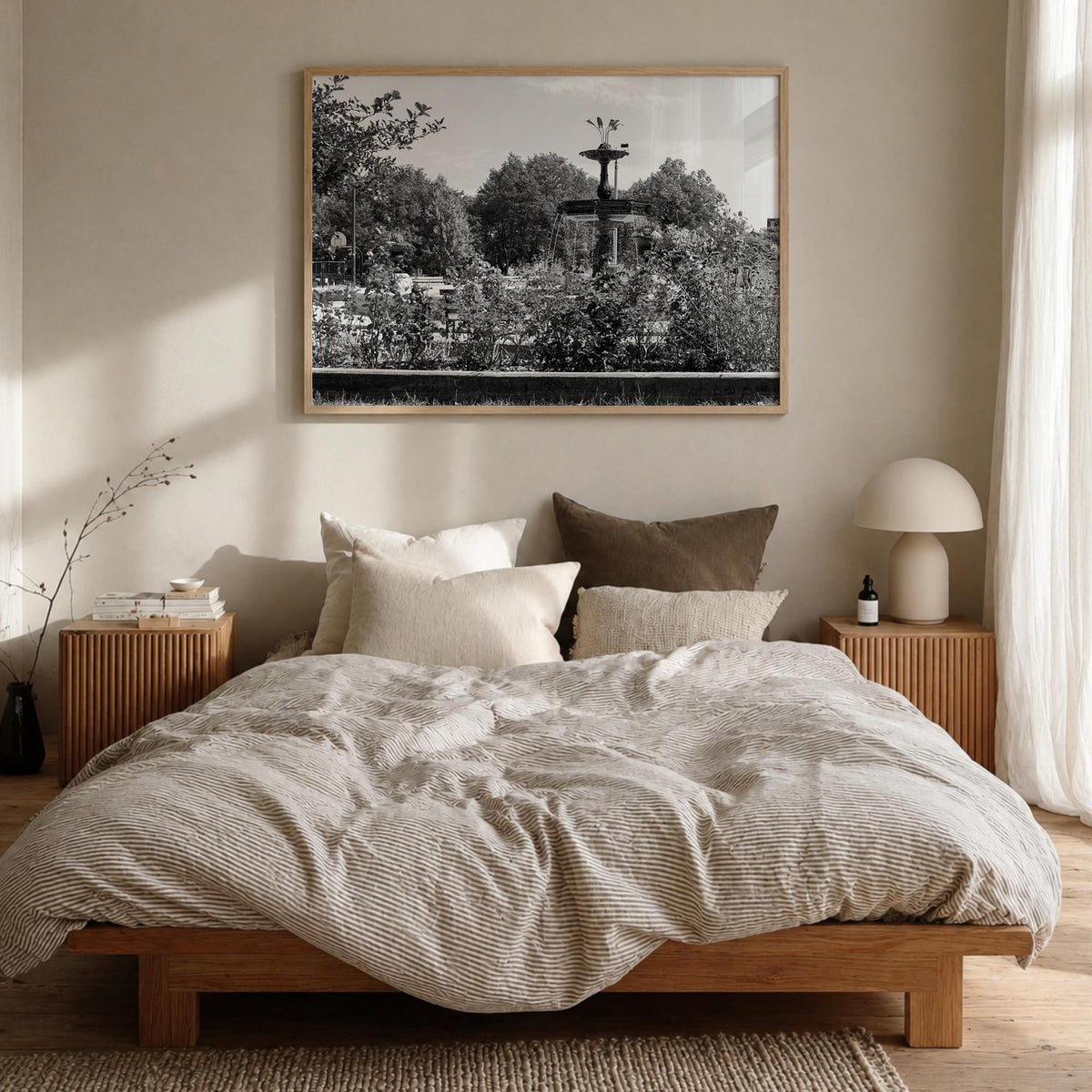 Wicker Park black & white photo poster of Chicago, Illinois – horizontal wall art in natural wood frame, hanging on wall