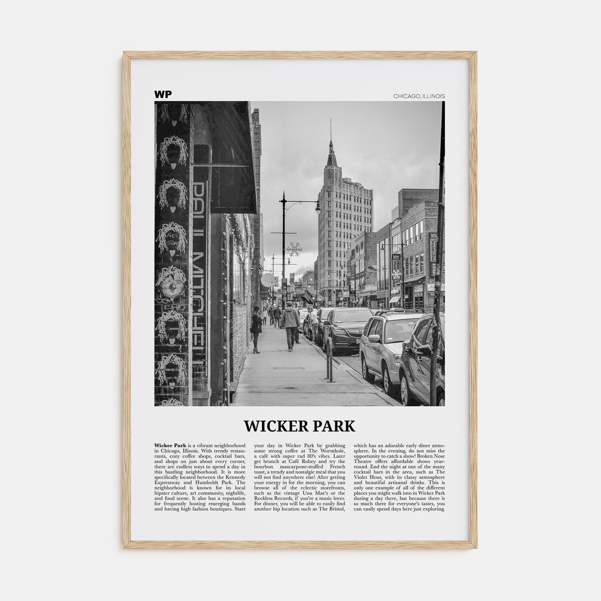 Wicker Park Poster Natural Wood / 8x12 in Nbourhood Travel B&W Poster