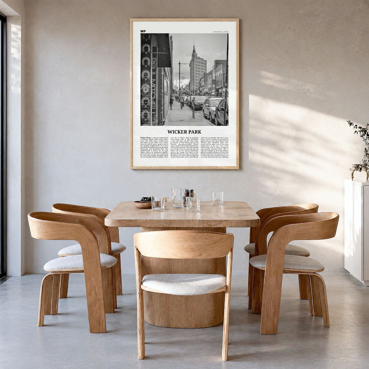 Wicker Park Newspaper Poster in a natural wood frame, hanging in a dining room