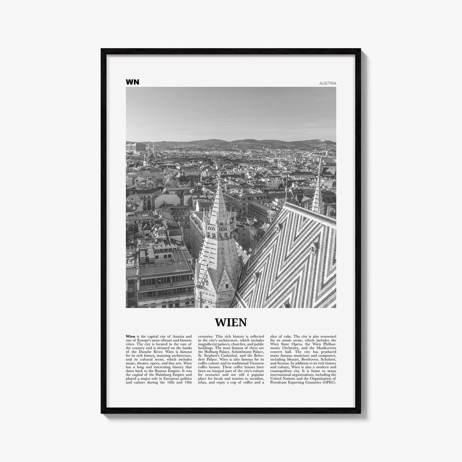 Vienna no. 5 black & white newspaper poster of Wien, Austria – vertical wall art, unframed print shown in interior mockup
