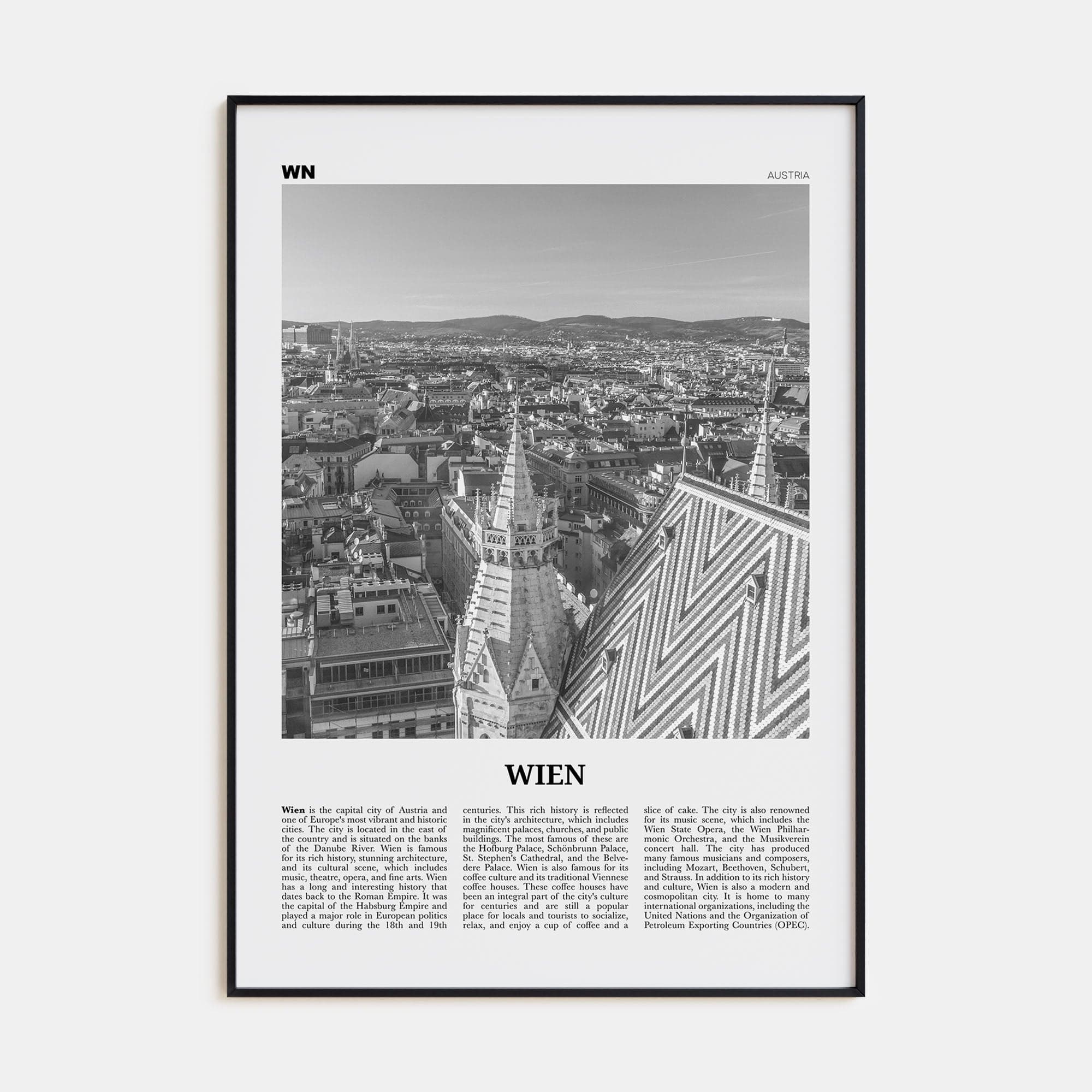 Wien Poster Black Metal / 8x12 in Nbourhood Travel B&W Poster