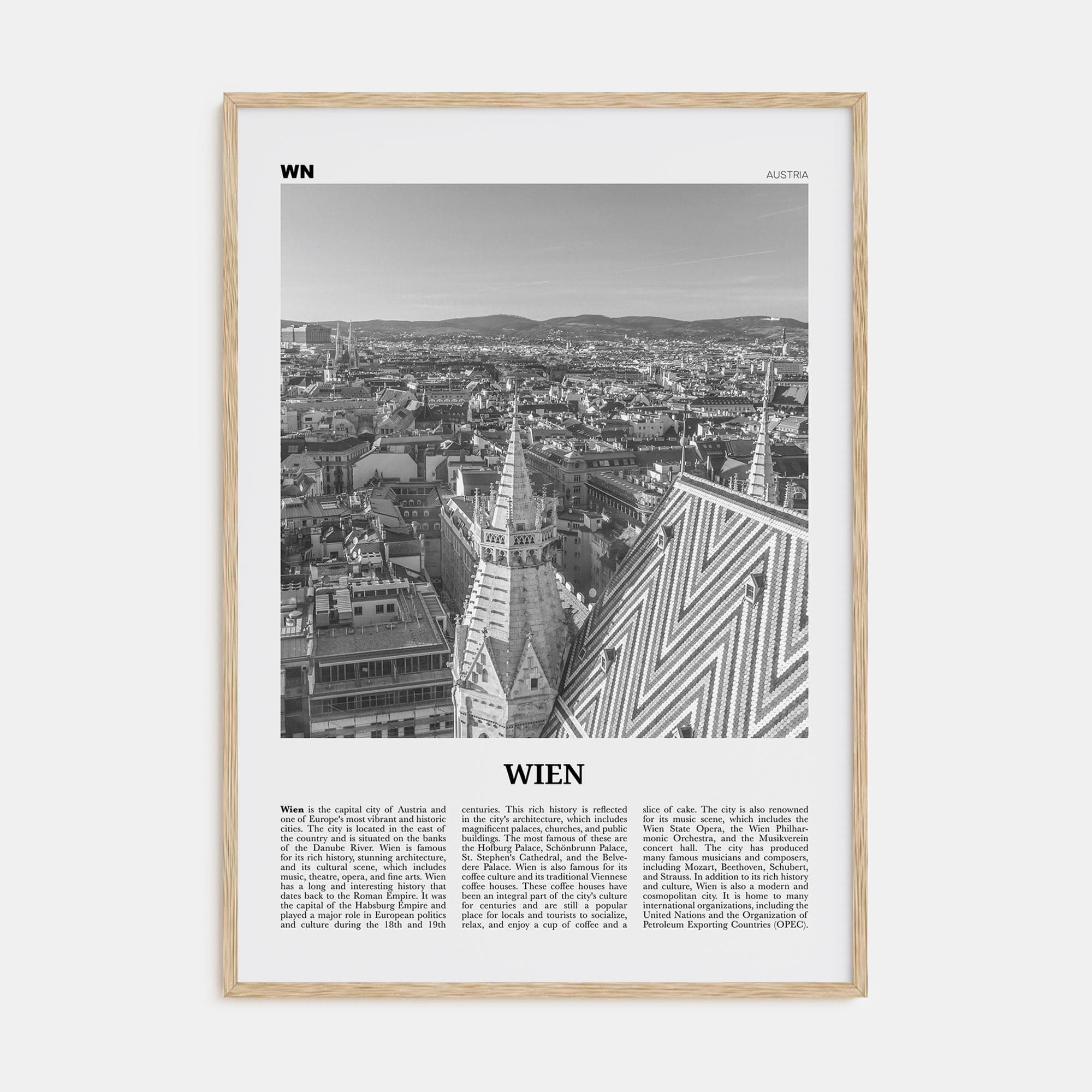 Wien Poster Natural Wood / 8x12 in Nbourhood Travel B&W Poster