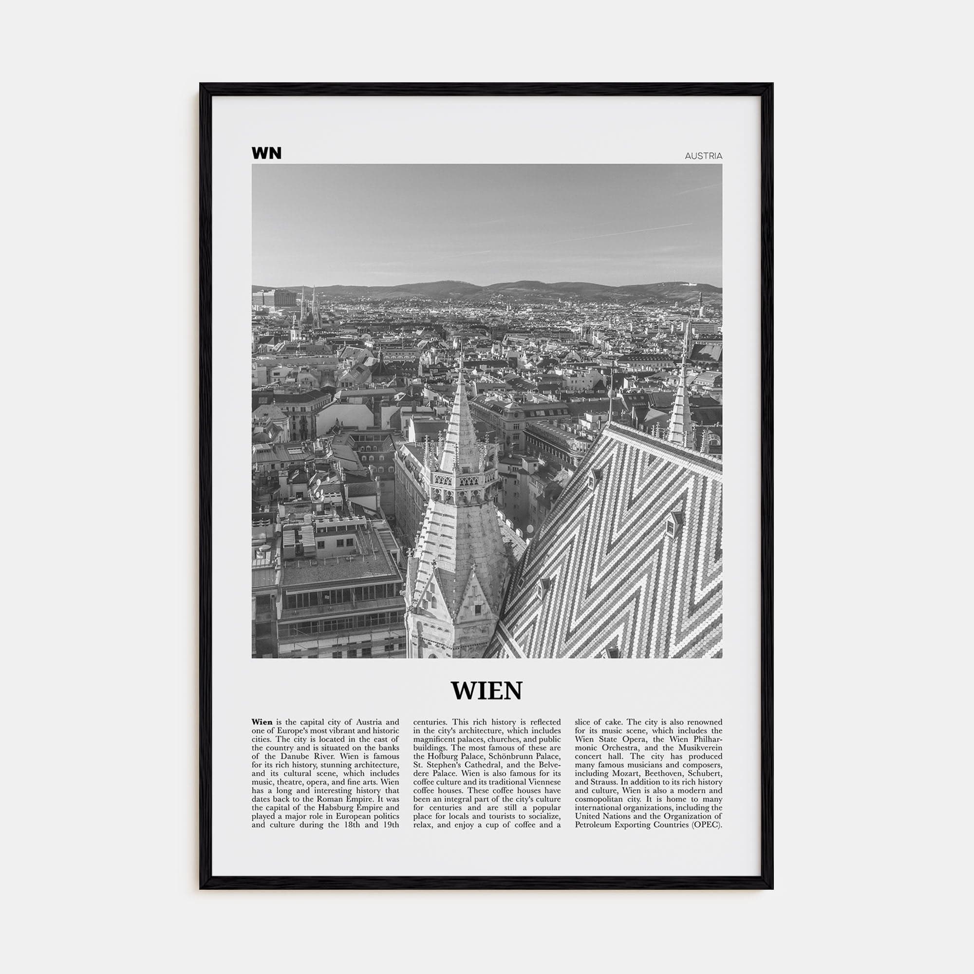Wien Poster Black Wood / 8x12 in Nbourhood Travel B&W Poster