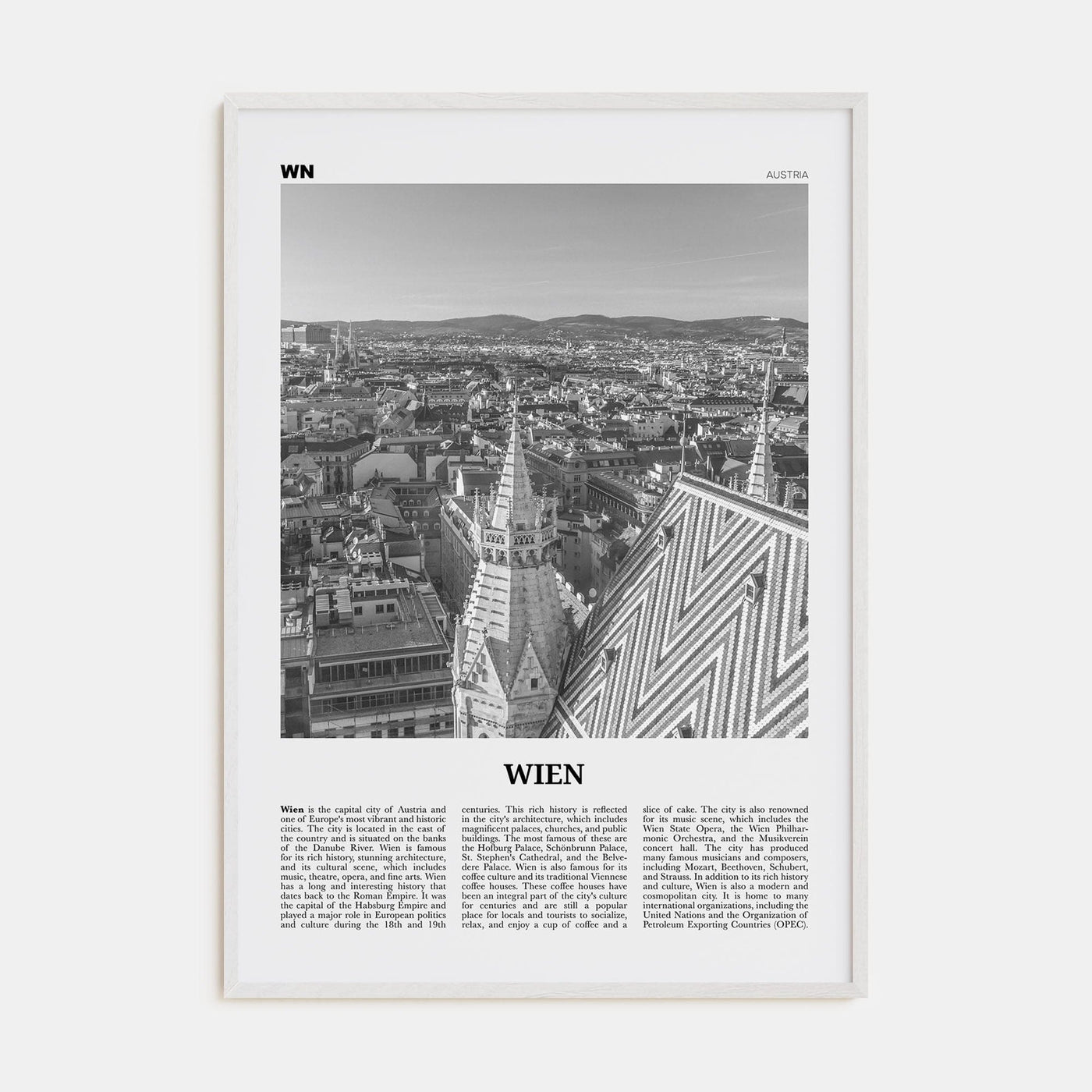 Wien Poster White Wood / 8x12 in Nbourhood Travel B&W Poster