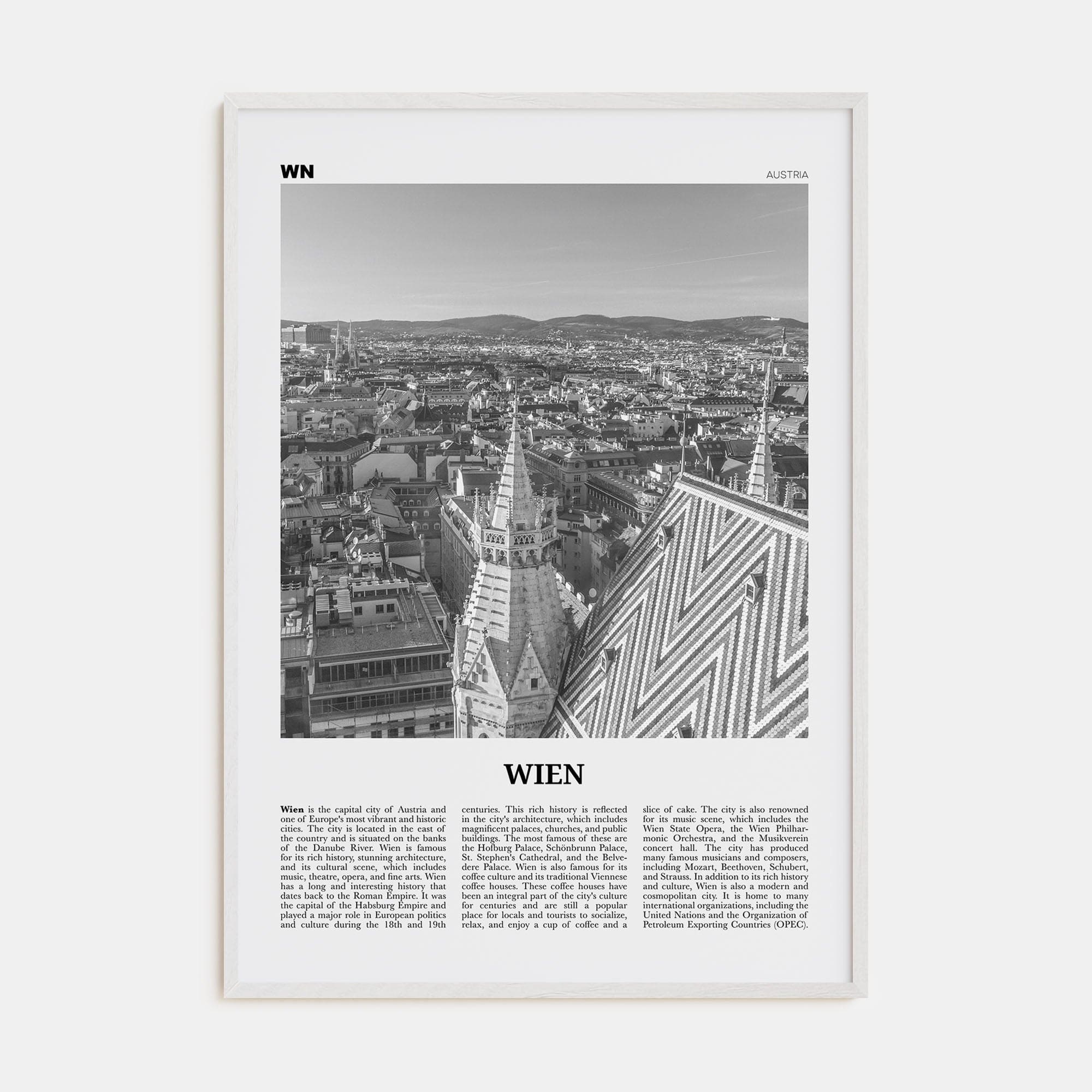 Wien Poster White Wood / 8x12 in Nbourhood Travel B&W Poster