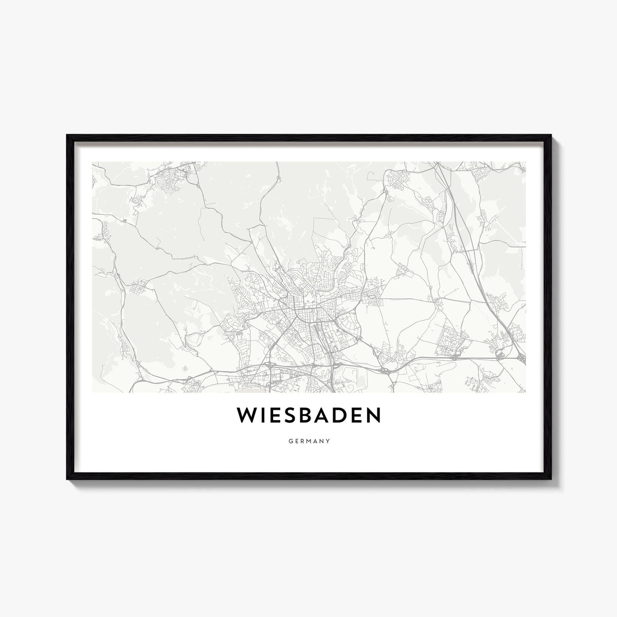 Wiesbaden black & white map poster of Germany – horizontal wall art, unframed print shown in interior mockup