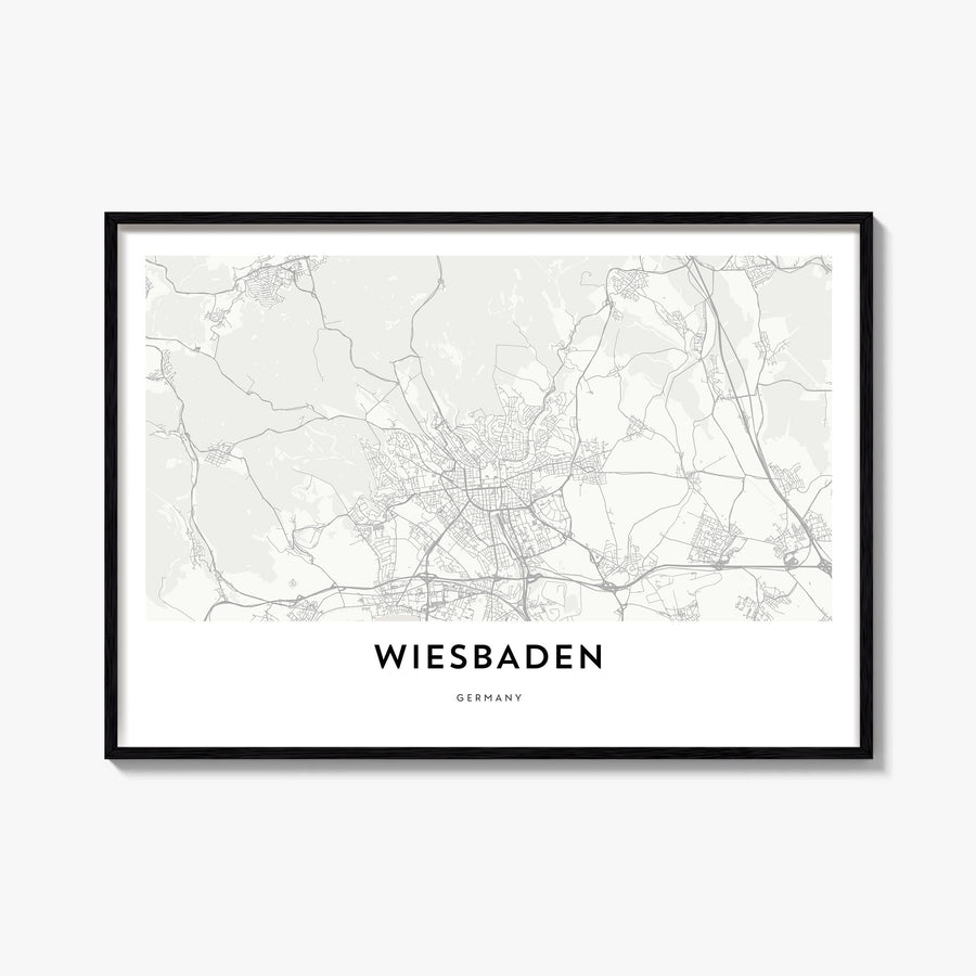Wiesbaden black & white map poster of Germany – horizontal wall art, unframed print shown in interior mockup