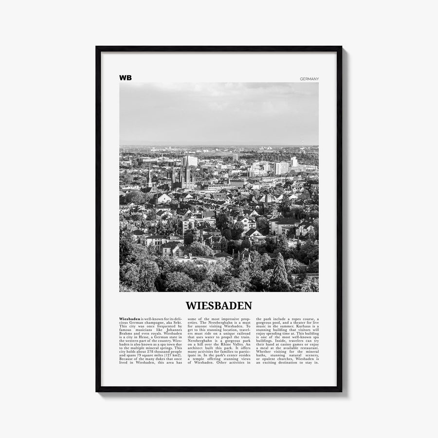Wiesbaden black & white newspaper poster of Germany – vertical wall art, unframed print shown in interior mockup