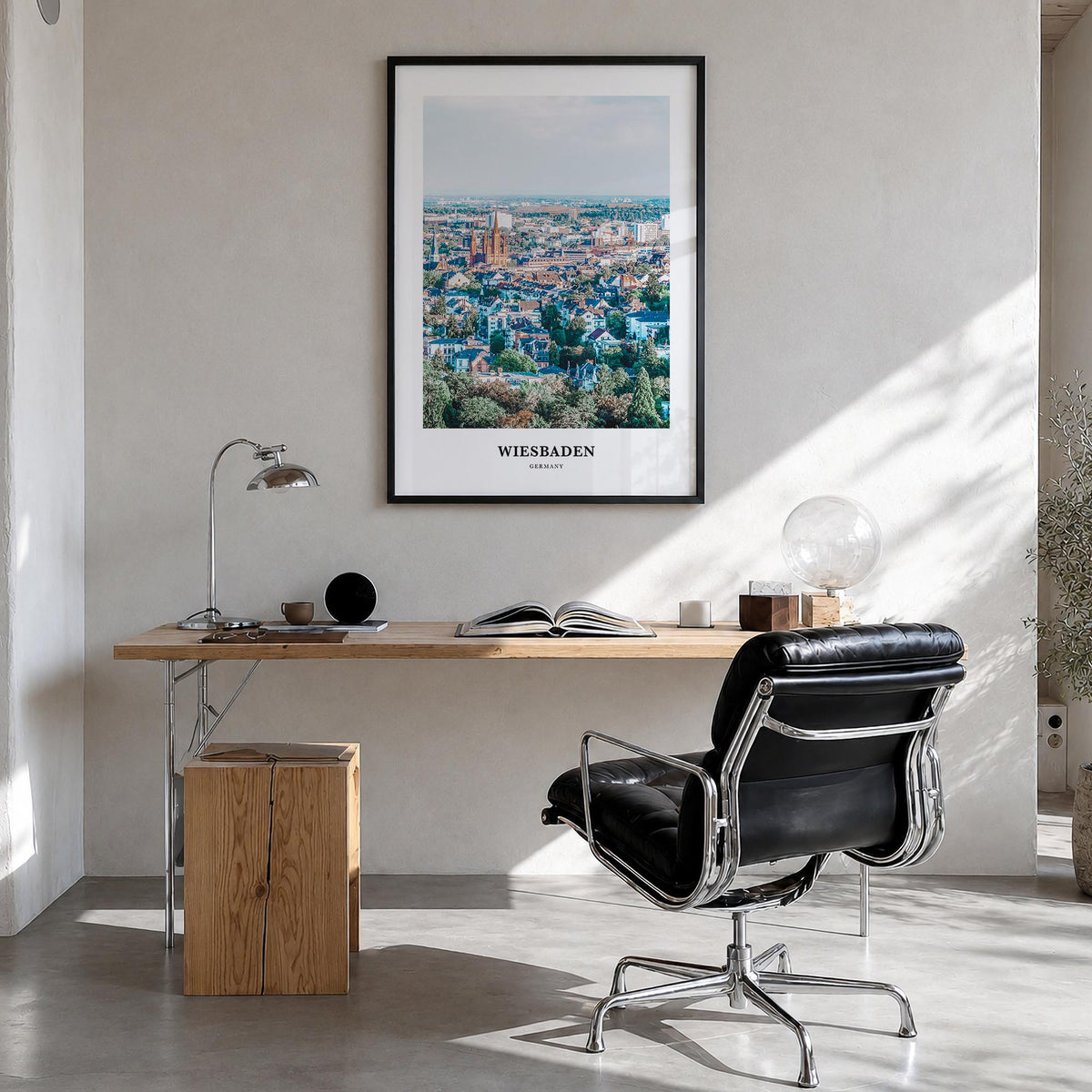 Wiesbaden colorful classic poster of Germany – vertical wall art in black wood frame, hanging on wall