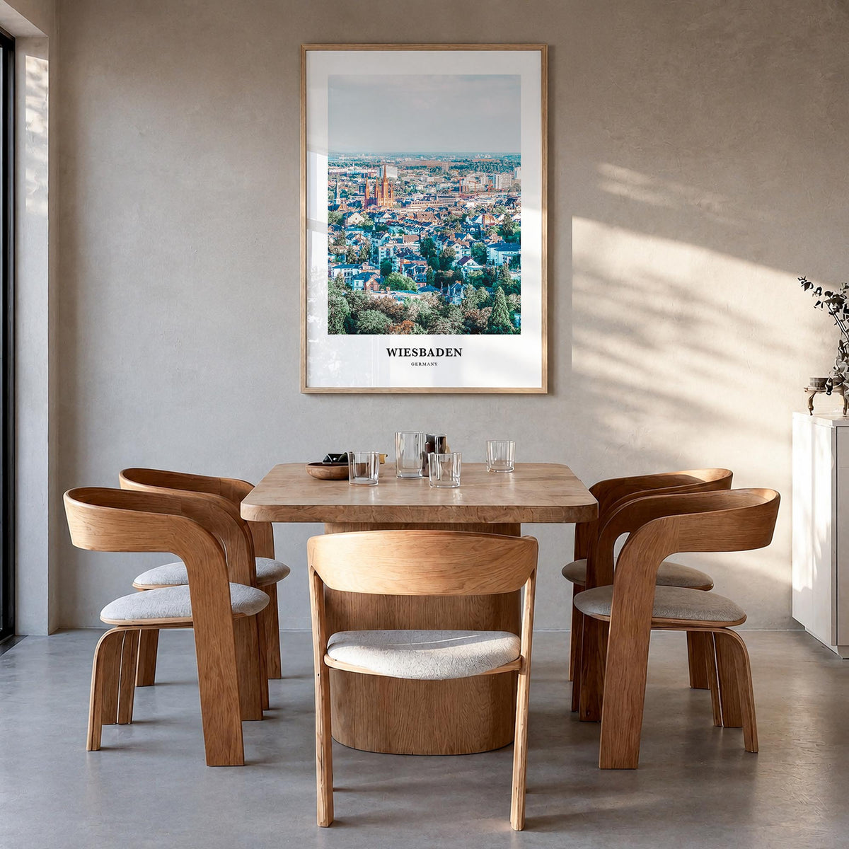 Wiesbaden colorful classic poster of Germany – vertical wall art in natural wood frame, hanging on wall